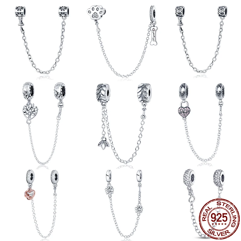 New 100% 925 Sterling Silver Flower Safety Chain Charms Bead Fits Original Pandora Bracelet Pendant Woman Fashion Fine Jewelry | Украшения
