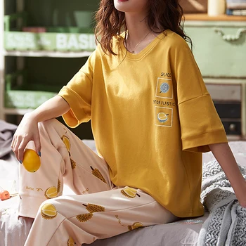 Summer Pajamas Set Women Comfortable Cotton Viscose Contrasting Color Pajamas Short Sleeve Tops with Long Trousers Ladies Set 
Summer Pajamas Set Women Comfortable Cotton Viscose Contrasting Color Pajamas Short Sleeve Tops with Long Trousers Ladies Set