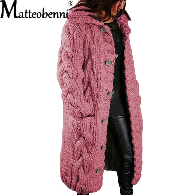 

Women Winter Long Sleeve Hoodie Coat Chunky Crochet Knitted Solid Color Button Down Sweater Jacket Oversized Loose Tops Cardigan
