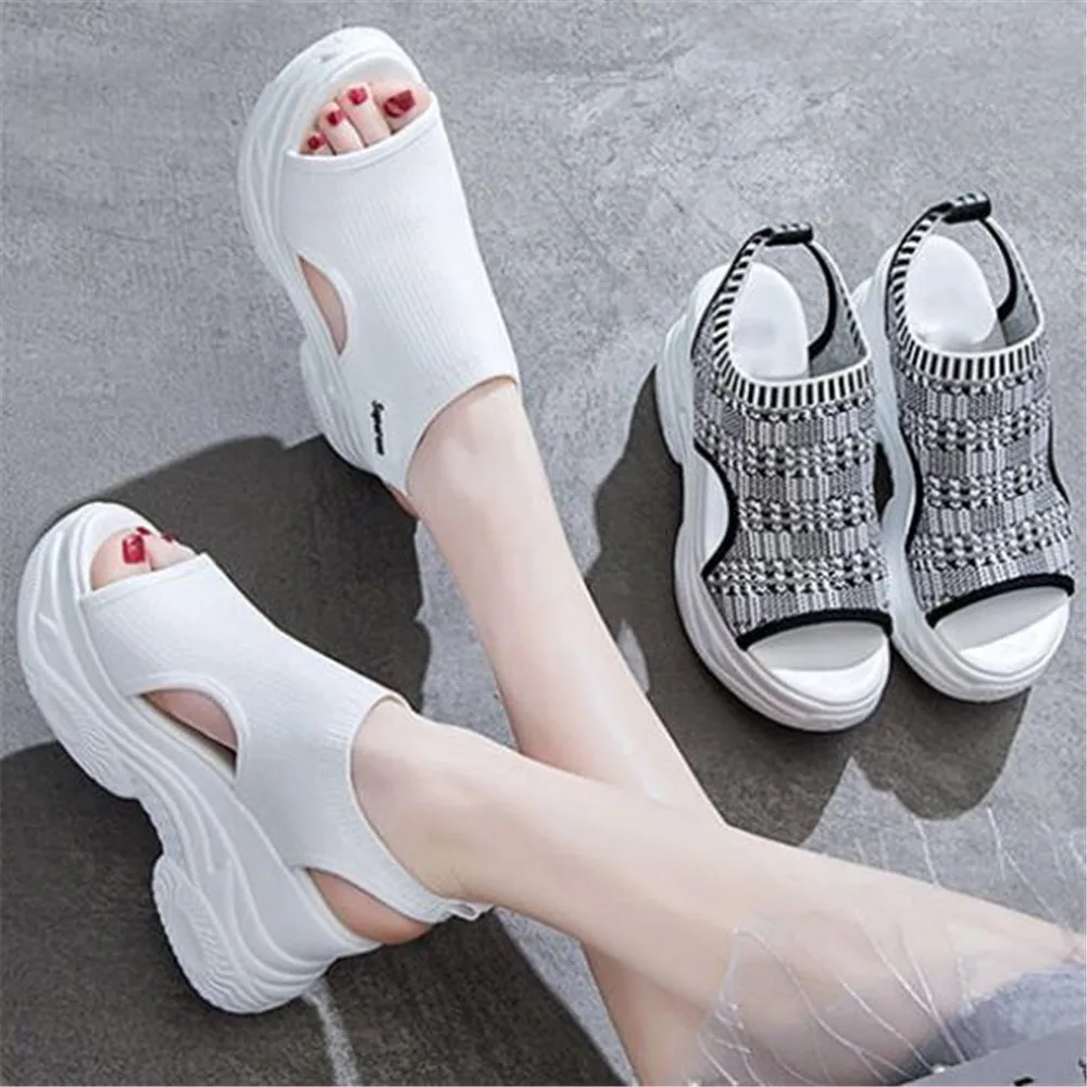 

2024 Casual Women's Sport Beach Sandals Wedges Footwear Summer Platform 9 CM Heels Shoes Female Slip On Peep Toe Knitted Ladies