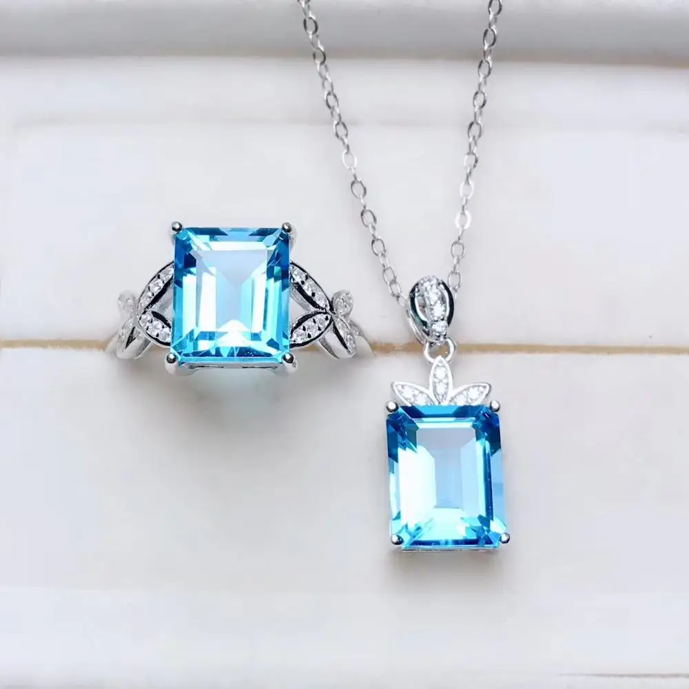 

Natural blue topaz jewelry sets natural gemstone ring Pendant S925 silver Elegant square Butterfly woman party gift jewelry