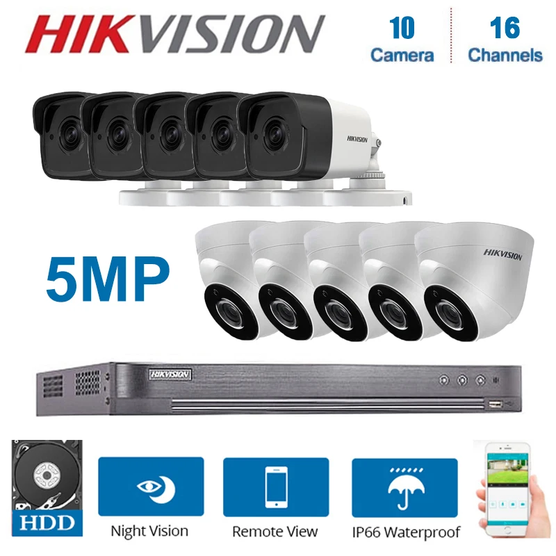 Фото Hikvision англоязычное 16-канальное видеонаблюдение XVR с 10 гибридными камерами 5 Мп 4 в 1