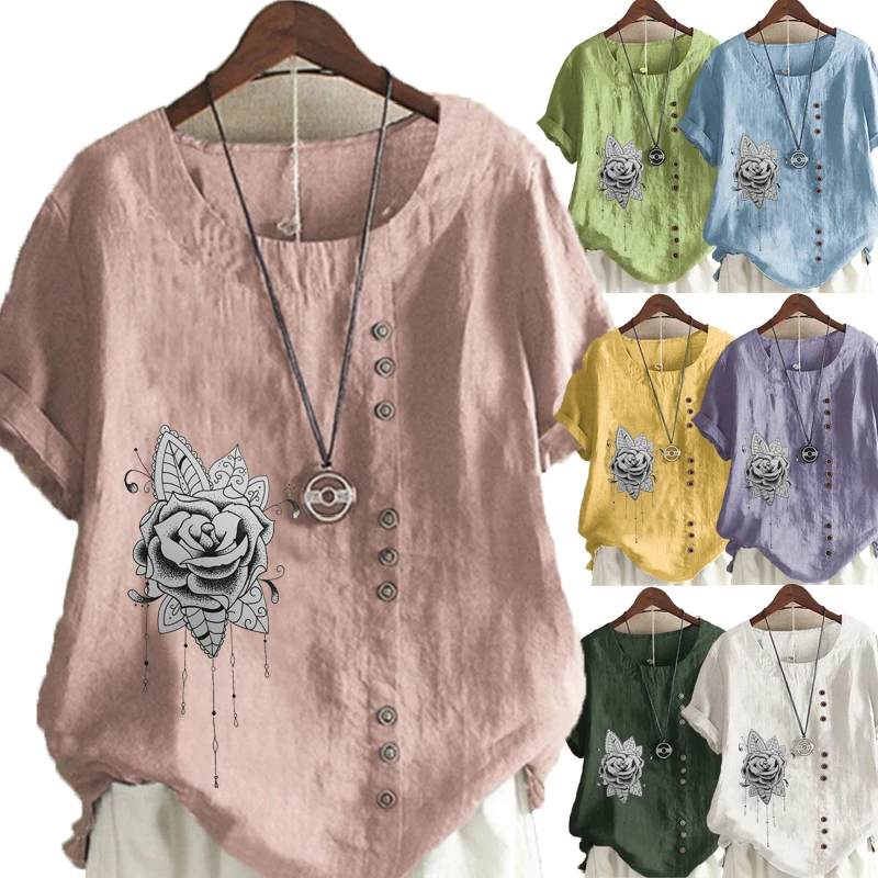 

Женская свободная футболка с цветочным принтом, повседневная однотонная блузка с круглым вырезом и коротким рукавом, большие размеры, на лето