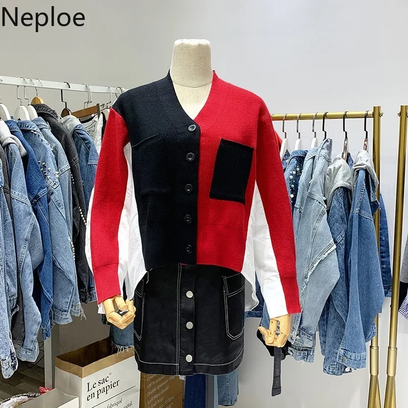 Neploe Korean Fake Two Piece Match Color Knit Blouse Sweater Women V Neck Loose Cardigan Autumn Patchwork Blusas Top 46312
Neploe Korean Fake Two Piece Match Color Knit Blouse Sweater Women V Neck Loose Cardigan Autumn Patchwork Blusas Top 46312