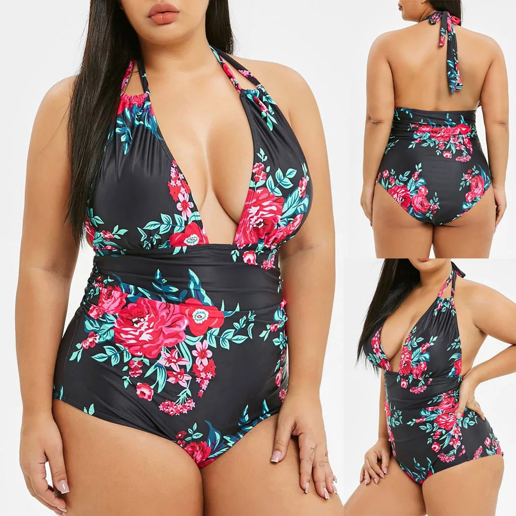 2021 New Sexy Summer Women One Piece Padded Swimwear Plus Size Floral Print Open Back Swimsuit Bikini | Женская одежда