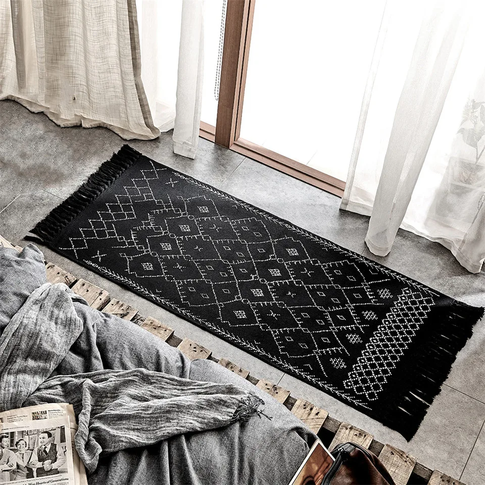 

Ethnic Style Hand Woven Black Carpet Geometric Printed Cotton Rug For Living Room Bedside Mat Vintage Rug Bedroom Gray