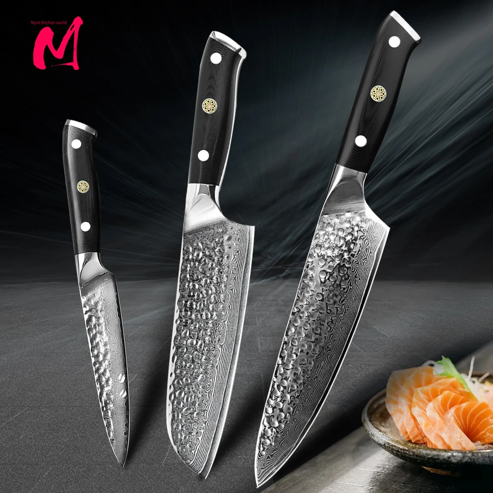 

Damascus Knives Chef Knife Set Japanese Kitchen Knife Damascus VG10 67 Layer Stainless Steel Knives Ultra Sharp 1-3pc G10 Handle