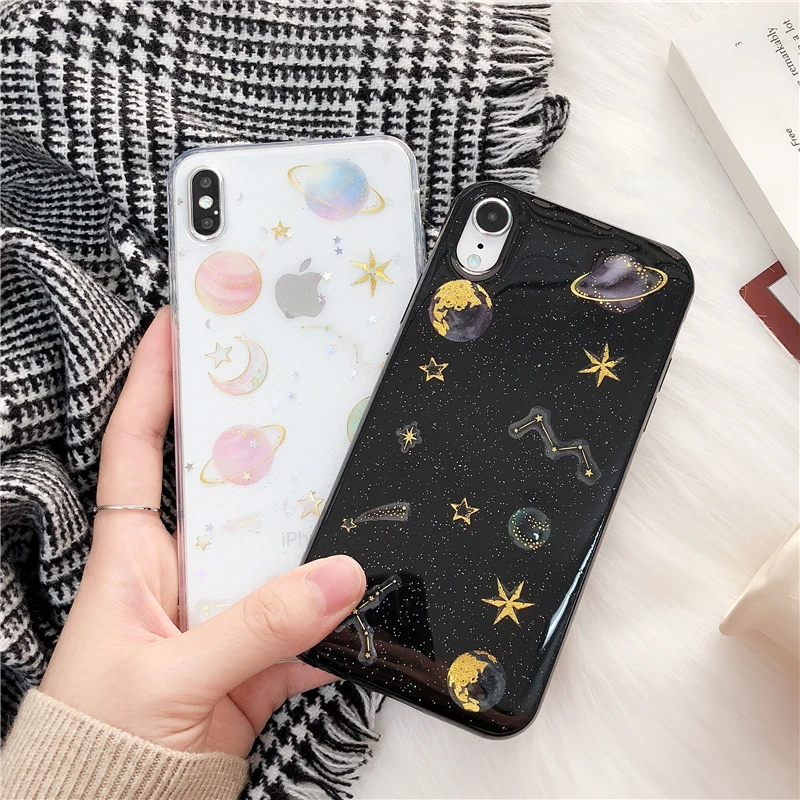 For iPhone 6 6s 7 8 Plus 10 X XS XR Max Bling Glitter Sparkle Planet Star Moon Sequins Transparent Soft Silicone TPU Case Cover |