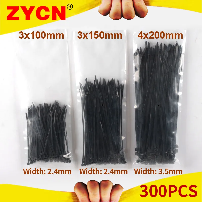ZYCN 300 шт Пластиковые самоблокирующиеся черные кабельные стяжки набор 3*100 150 4x200 мм