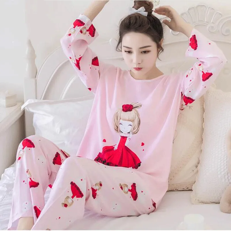 

H5725 Pajamas Women's Long Sleeve Thin Sleepwear Korean Spring Autumn Leisure Loose Nightwear Ladies Comfortable Home Wear Suit