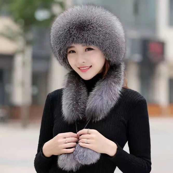 

Imitation Fur Hat Snow Hat Autumn Winter Imitation Fox Fur Scarf One Body Warmth Women's New Versatile Girl Outdoor Dark Gray