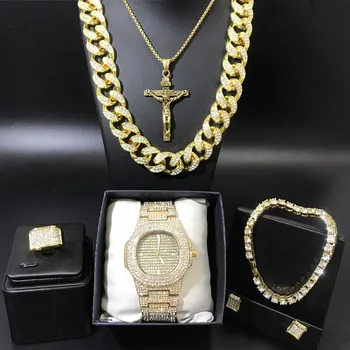 Luxury Men Gold Color Watch & Necklace & Braclete & Earrings & Ring Combo Set Ice Out Cuban Crystal Miami Necklace Chain For Men
Luxury Men Gold Color Watch & Necklace & Braclete & Earrings & Ring Combo Set Ice Out Cuban Crystal Miami Necklace Chain For Men