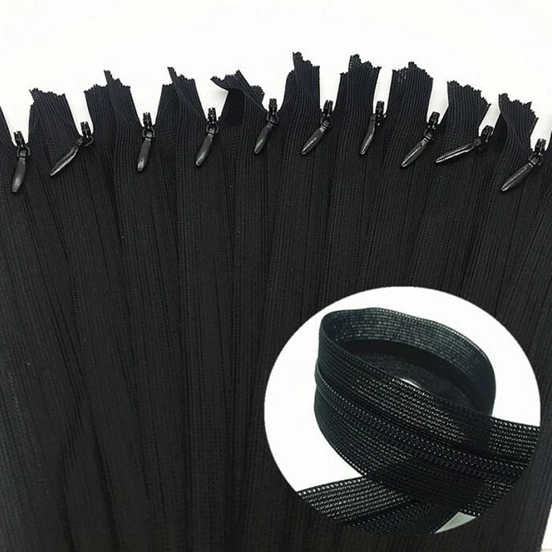 

10pcs 3# black 28cm/30cm/40cm/50cm/60cm nylon invisible soft tulle coil Chiffon zipper sewing Silk Zippers