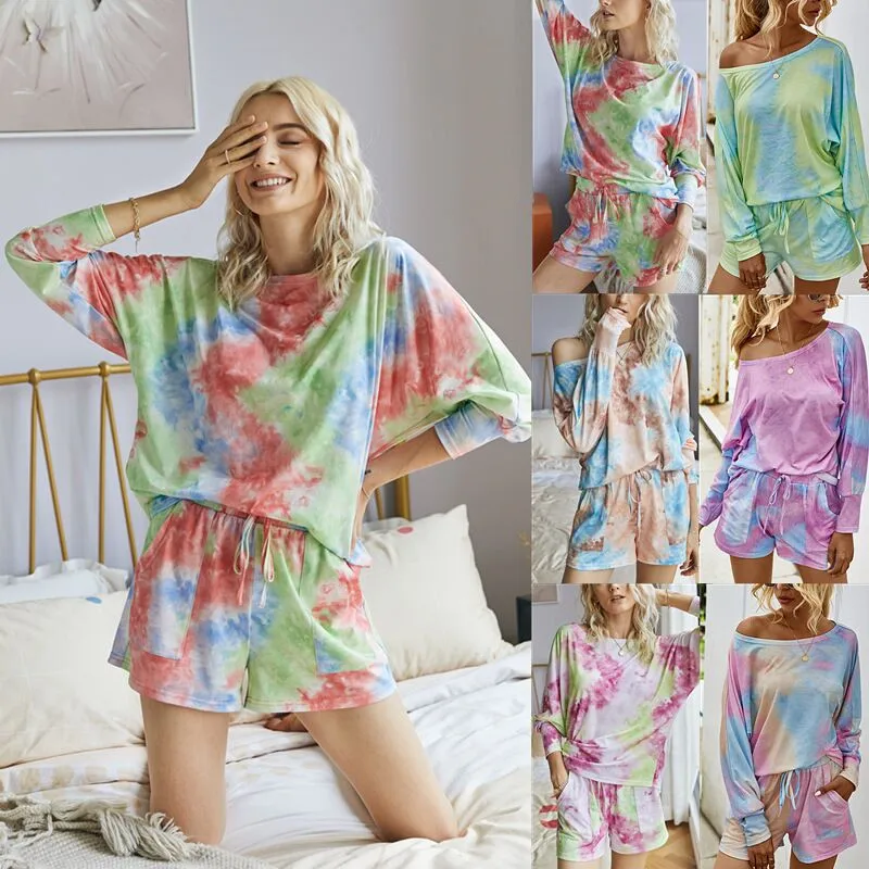 Фото Женский летний пижамный комплект Топ с длинным рукавом и шорты принтом тай-дай из
