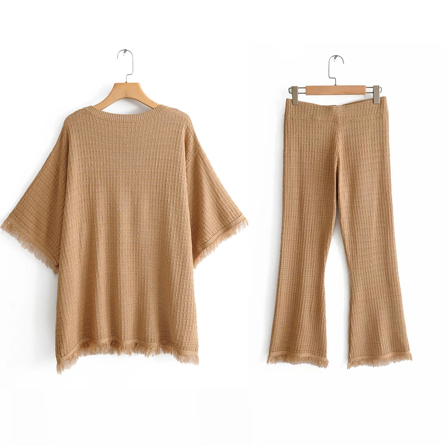 

Autumn camel color knitted sweater women tops Za Style O neck half sleeve tassels rough edge Stylish Casual loose tops femme