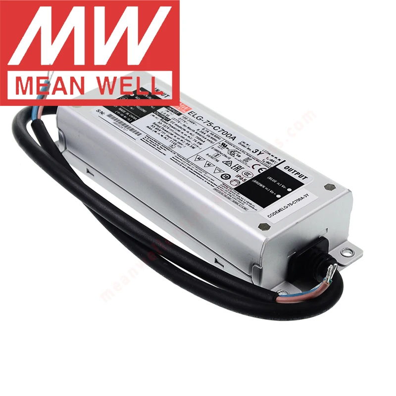 

Mean Well ELG-75-C700A/B/AB Outdoor IP65/IP67 Led Power 60-75W/700mA/53-107V Constant Current Mode Dimming LED Driver