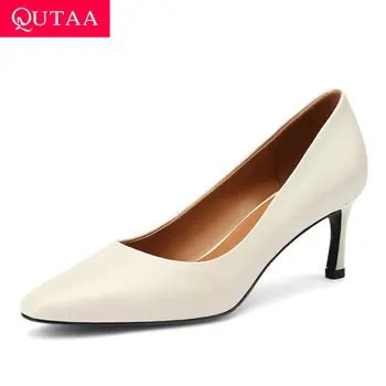 

QUTAA 2020 Thin High Heel Shallow Women Single Shoes Cow Leather Ladies Pumps Pointed Toe Office Concise Stilettos Size 34-39