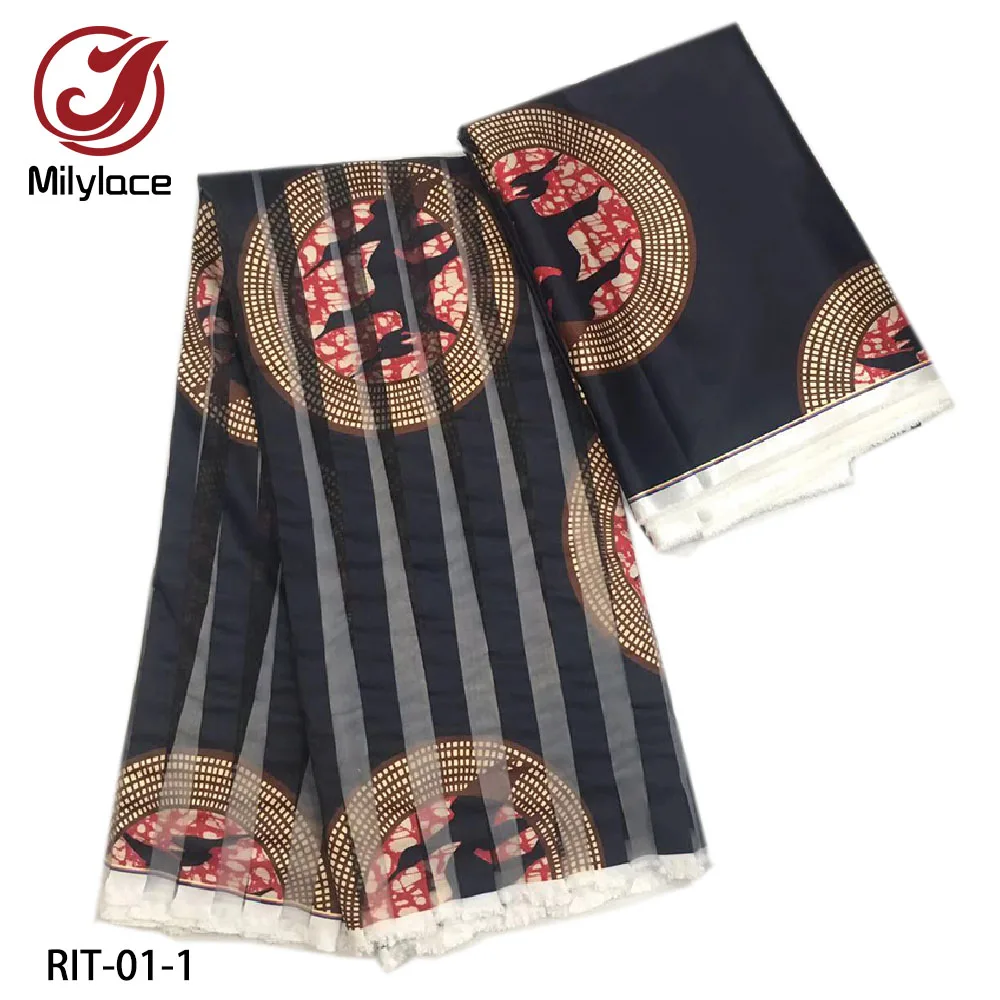 High quality African Ankara ribbon organza fabric 4 yards + 2 Digital printing satin silk fabrics for lady clothes RIT-01 | Дом и сад
