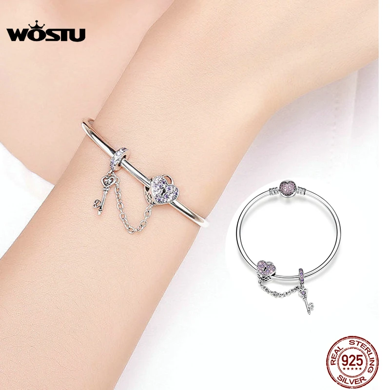 

WOSTU New Arrival 925 Sterling Silver Heart Lock Beads Charm Bangles & Bracelet For Women Sparkling Fashion Jewelry Gift CQB820