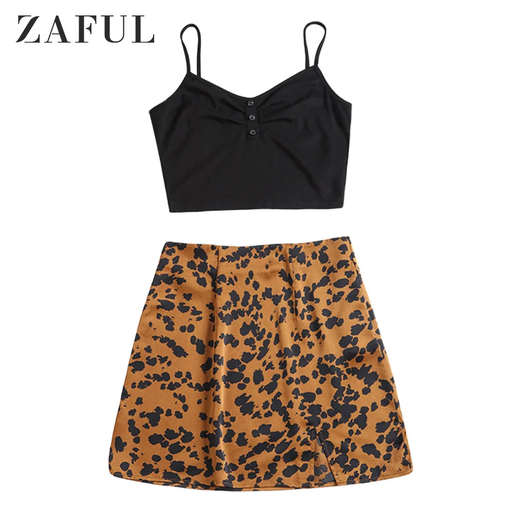 

ZAFUL Women Leopard Print Slit Cami Two Piece Suit Spaghetti Straps Sleeveless Tops And A Line Mini Skirt Zipper Fly Casual Set
