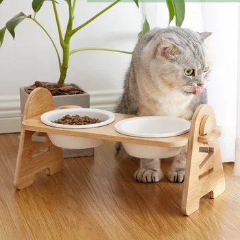 Ceramics Puppy Cat Dog Pet Single Double Food Bowl Eating Drinking With Wooden Frame Pets Protect Cervical Spine Feeding Dish