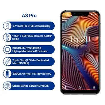 UMIDIGI A3 Pro Global Version 5.7" FullScreen Face Unlock Smartphone 3GB+32GB Quad Core Android 8.1 Dual SIM LTE 4G Mobile Phone
UMIDIGI A3 Pro Global Version 5.7" FullScreen Face Unlock Smartphone 3GB+32GB Quad Core Android 8.1 Dual SIM LTE 4G Mobile Phone