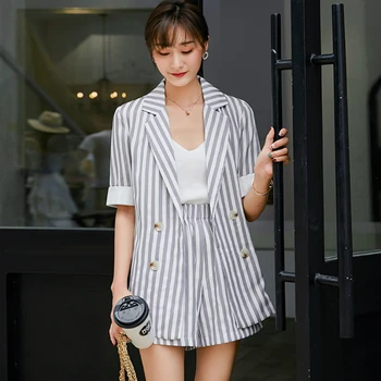 Double-breasted Striped Women Short Suits Half Sleeve Jacket Blazer + Elastic-waisted Shorts Female Summer 2 Piece Sets TA1250
Double-breasted Striped Women Short Suits Half Sleeve Jacket Blazer + Elastic-waisted Shorts Female Summer 2 Piece Sets TA1250