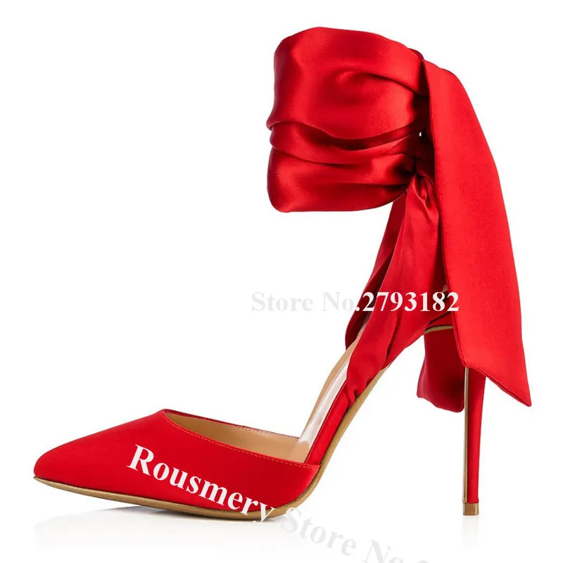 

Women Charming Pointed Toe Suede Stiletto Heel Big Bowtie Pumps Red Black Ankle Straps High Heels Wedding Dress Shoes