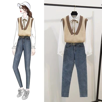 Spring New High Waist Jeans Pant White Blouse Shirt Knitted Vest Sweater Top Three-Pieces Suit Women'S Casual Sets
Spring New High Waist Jeans Pant White Blouse Shirt Knitted Vest Sweater Top Three-Pieces Suit Women'S Casual Sets