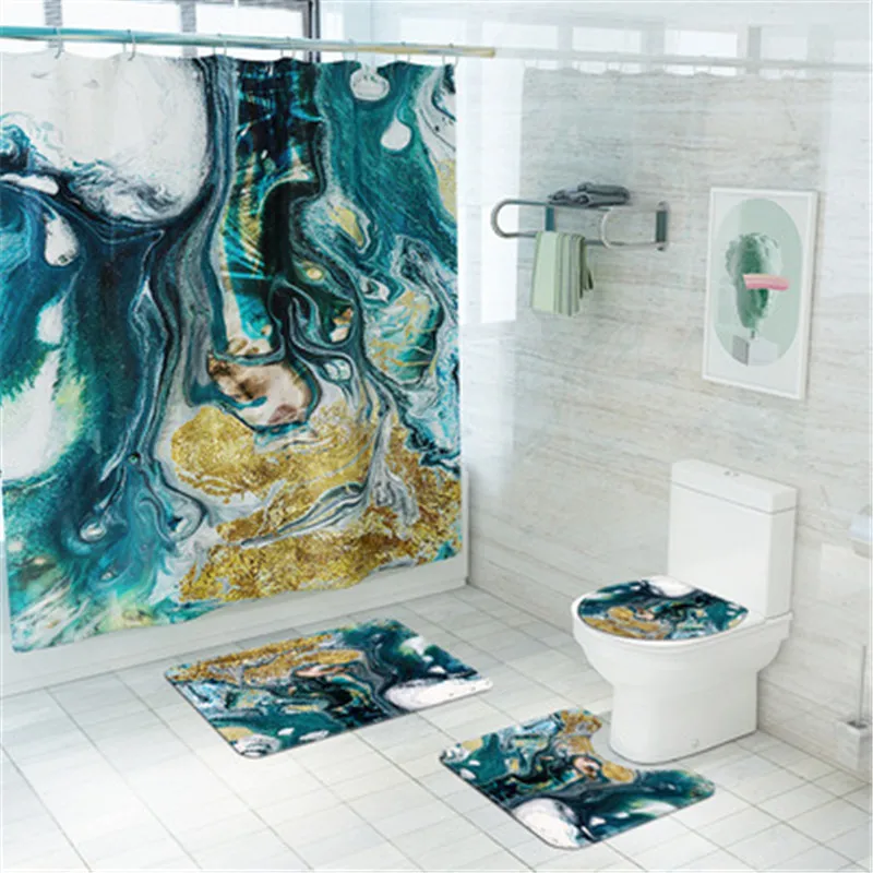 

4Pcs/set Bathroom Mat Set Traditional Floral Pattern Shower Curain Coral Fleece Anti-slip Floor Mat Washable Bathroom Rug