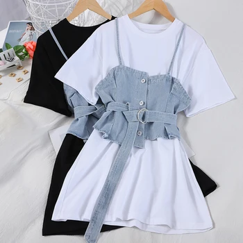 Korean Stylish All-matched Women Sets Loose O-neck T shirt/Mini Dress+Single Breasted Irregular Denim Camis with Belt Dress Suit
Korean Stylish All-matched Women Sets Loose O-neck T shirt/Mini Dress+Single Breasted Irregular Denim Camis with Belt Dress Suit