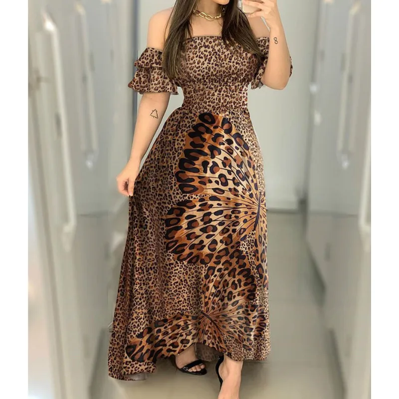 

Boho Leopard Dress Women Off Shoulder Ruffle Sleeve Summer Dress Sexy Strappy Slash neck Vestido Long Sundress Party Dresses