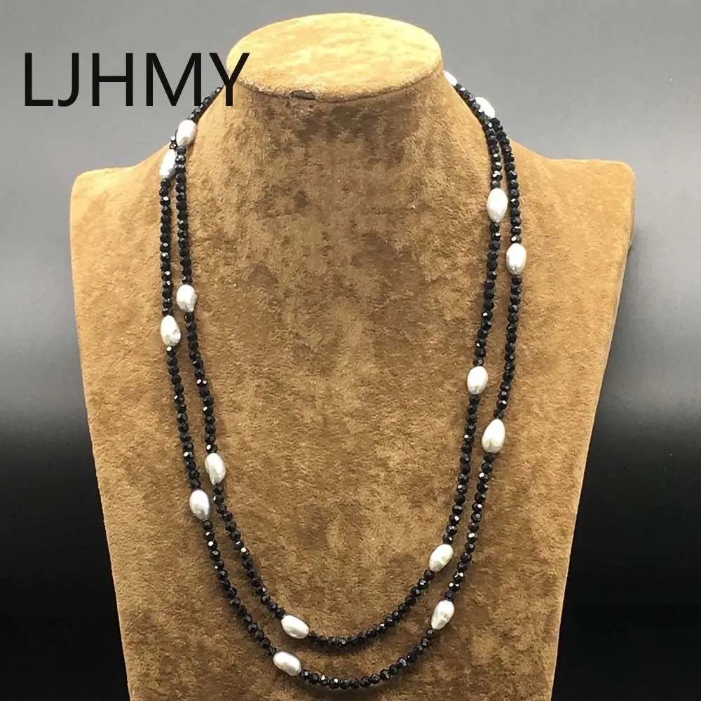 

String Black Onyx Faceted Sparking Real Freshwater Pearl Necklace Long 50 Inches Punk Layered Custom Necklace Women