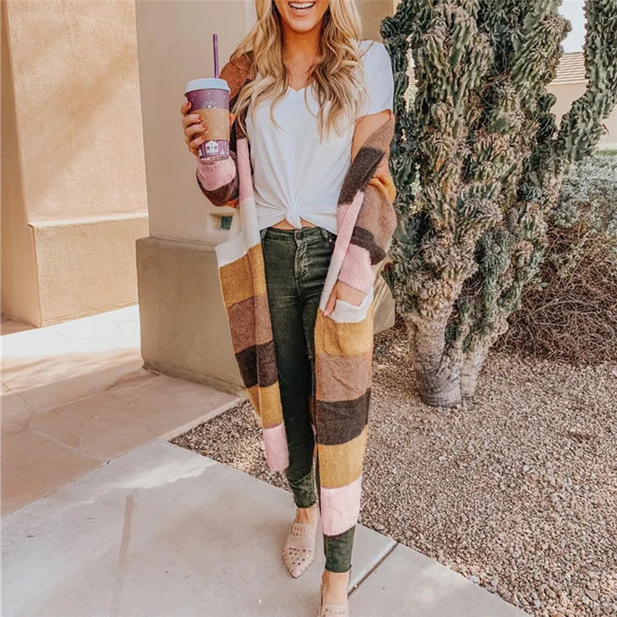 2019 Women Thin Sweater Long Sleeve Stripe Patchwork Sweater Knitted Pocket Long Cardigan Korean Autumn and Winter Women Sweater
2019 Women Thin Sweater Long Sleeve Stripe Patchwork Sweater Knitted Pocket Long Cardigan Korean Autumn and Winter Women Sweater