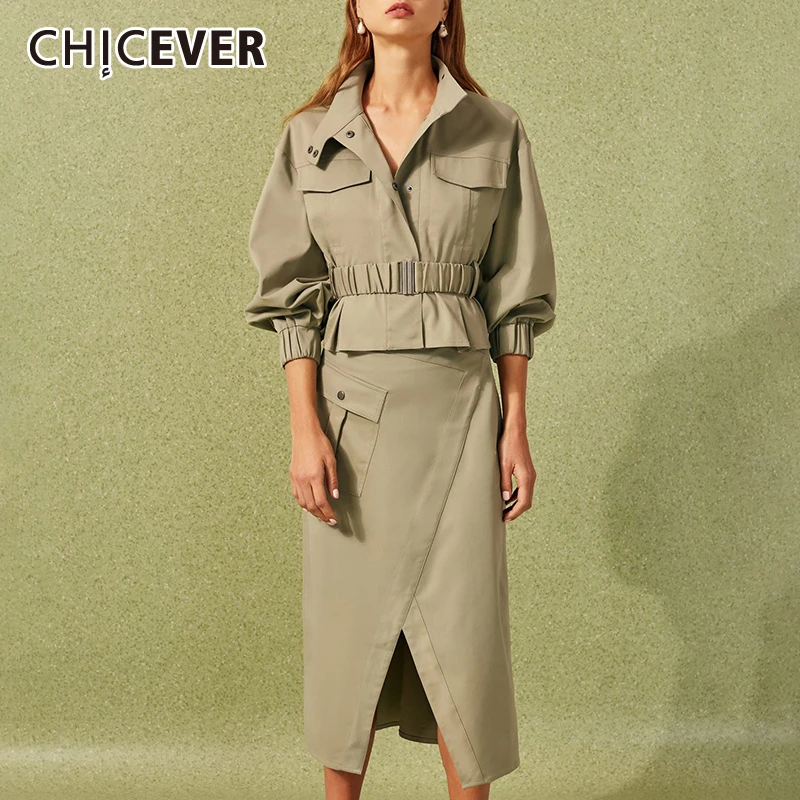 

CHICEVER Safari Style Women's Suits Lapel Collar Lantern Ruffle Jacket High Waist Sashes Split Skirt Two Piece Set Female 2019