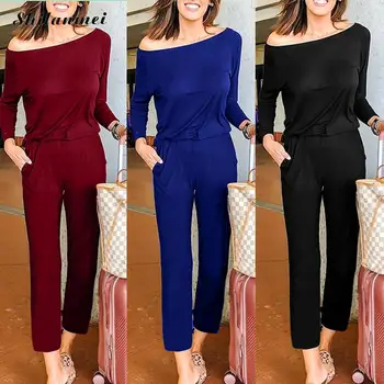

Elegant One Shoulder Casual Jumpsuits 2019 Autumn Burgundy Loose Women Long Overalls High Waist Straight Wide Legs Office Wears