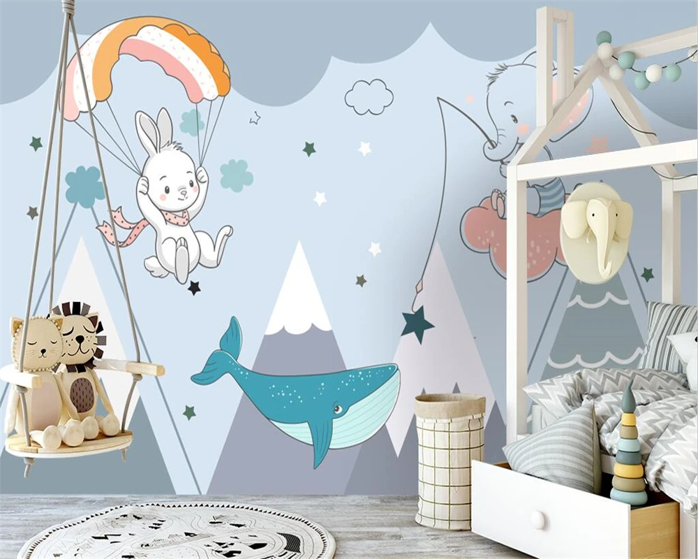 

beibehang Custom modern new hand-painted cartoon white rabbit parachute children's room background papel de parede wallpaper