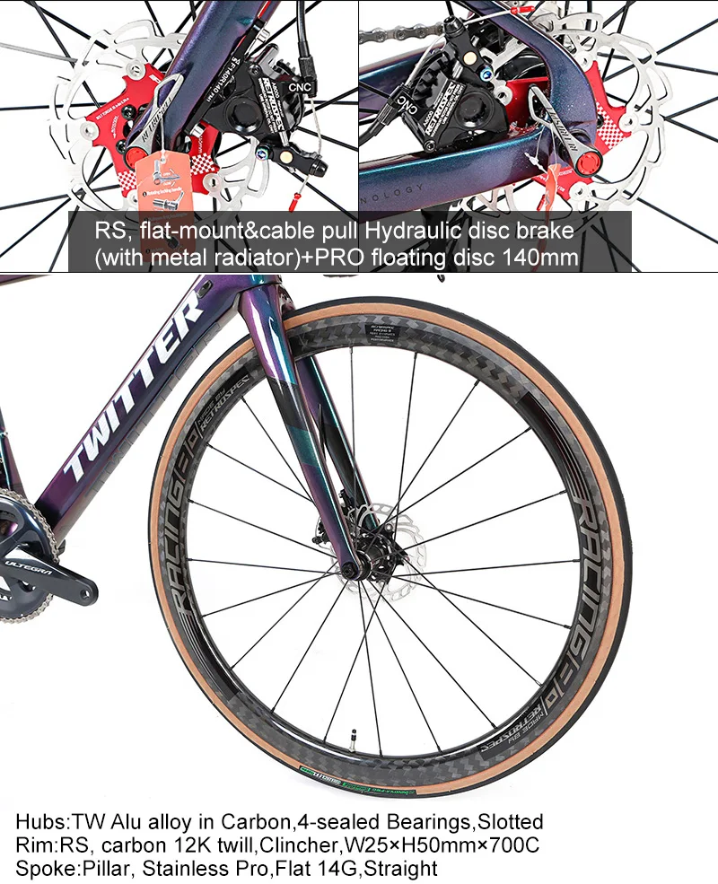 TWITTER 700c Carbon Road Bike disc Brake thru-axle Carbon Wheels UT R8000 22 Speed inner cable Carbon Race Bicycle Gravel Bikes