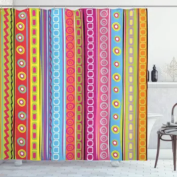 Striped Shower Curtain, Colorful Retro Stripes Circles Boho Pattern 90's Style Rainbow Art Print, Cloth Fabric Bathroom Decor
Striped Shower Curtain, Colorful Retro Stripes Circles Boho Pattern 90's Style Rainbow Art Print, Cloth Fabric Bathroom Decor