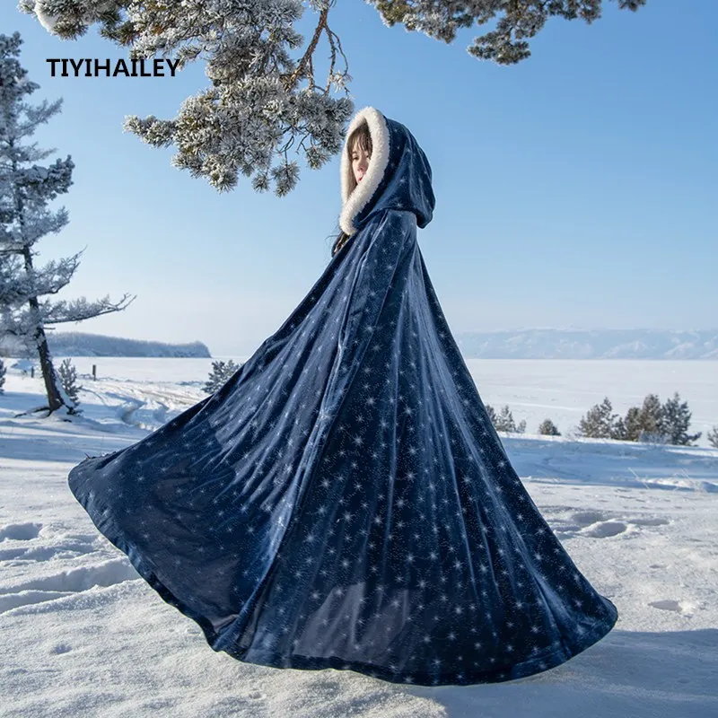 

TIYIHAILEY Free Shipping 2020 Vintage Velvet Cloak Winter And Autumn Outerwear Hooded Loose Long Maxi Blue Witch Cardigan Star