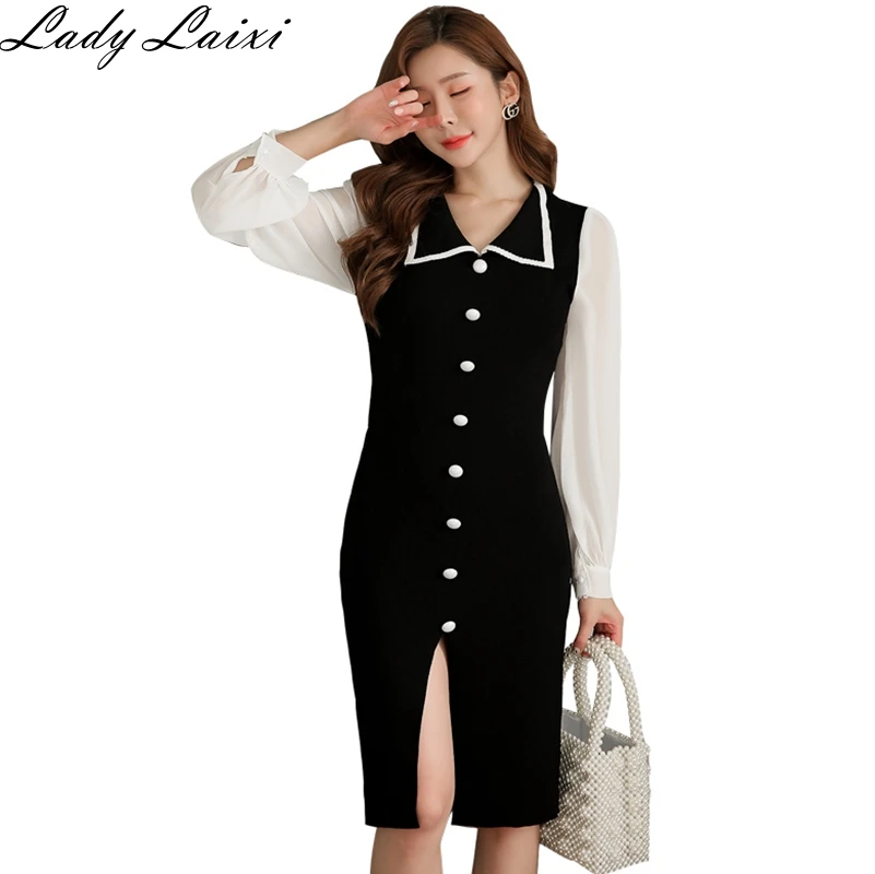 2019 Chiffon Stitching Sweater Women Autumn Winter Knitted Dresses Contrast Color Single-breasted Stretch sweater Pencil Dress
2019 Chiffon Stitching Sweater Women Autumn Winter Knitted Dresses Contrast Color Single-breasted Stretch sweater Pencil Dress
