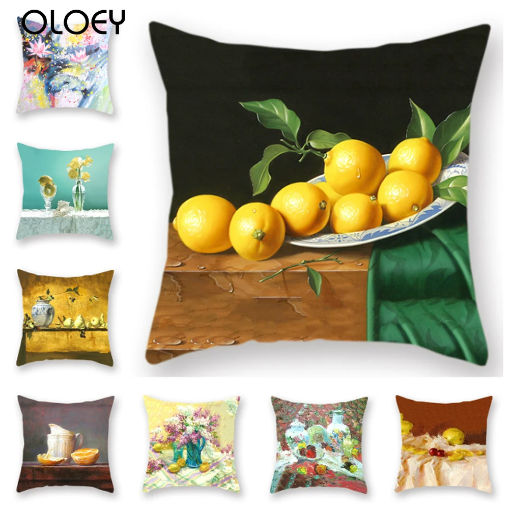 

Western Oil Painting Polyester Cushion Cover Sofa Throw Pillow Cover Floral Lemon Printed Home Square Pillow Case 45*45cm
