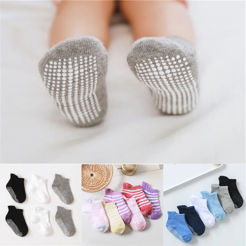 

6 Pairs/lot Kids Boys Girls All Seasons Cotton Socks To 5 Years Anti-Slip Non Skid Ankle Socks with Grips for Baby Toddler