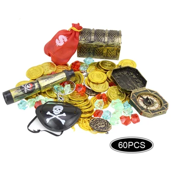 

60Pcs Pirates Costume Props Toys Set Kids Party Supply Pirate Eyeshade Cover Gold Coins Pirate Gems Jewelry Treasure Box Toys