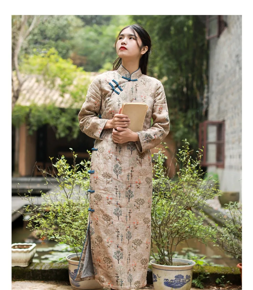 LZJN Long Sleeve Women Chinese Style Dress Stand Collar Vintage Cheongsam 2019 Winter Warm Fleece Qipao High Quality Dress (22)