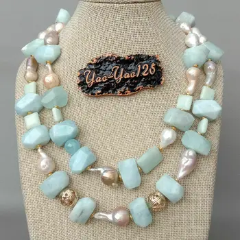 19'' 2 Strands Cultured Pink Keshi Pearl A1quamarine A1mazonite Necklace 
19'' 2 Strands Cultured Pink Keshi Pearl A1quamarine A1mazonite Necklace