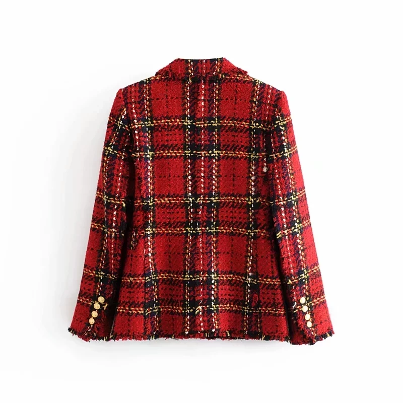 Женский твидовый блейзер в клетку Красный винтажный пиджак шотландскую плотный