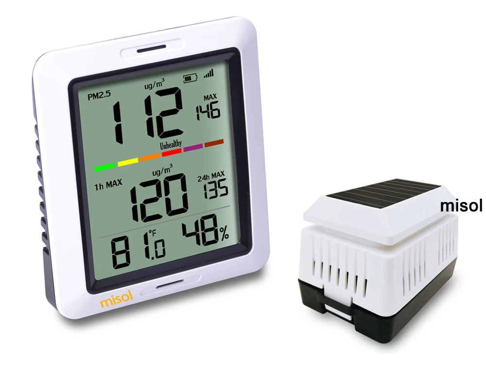 MISOL/ PM2.5 air quality tester monitor wireless, with indoor temperature and humidity, solar powered
MISOL/ PM2.5 air quality tester monitor wireless, with indoor temperature and humidity, solar powered