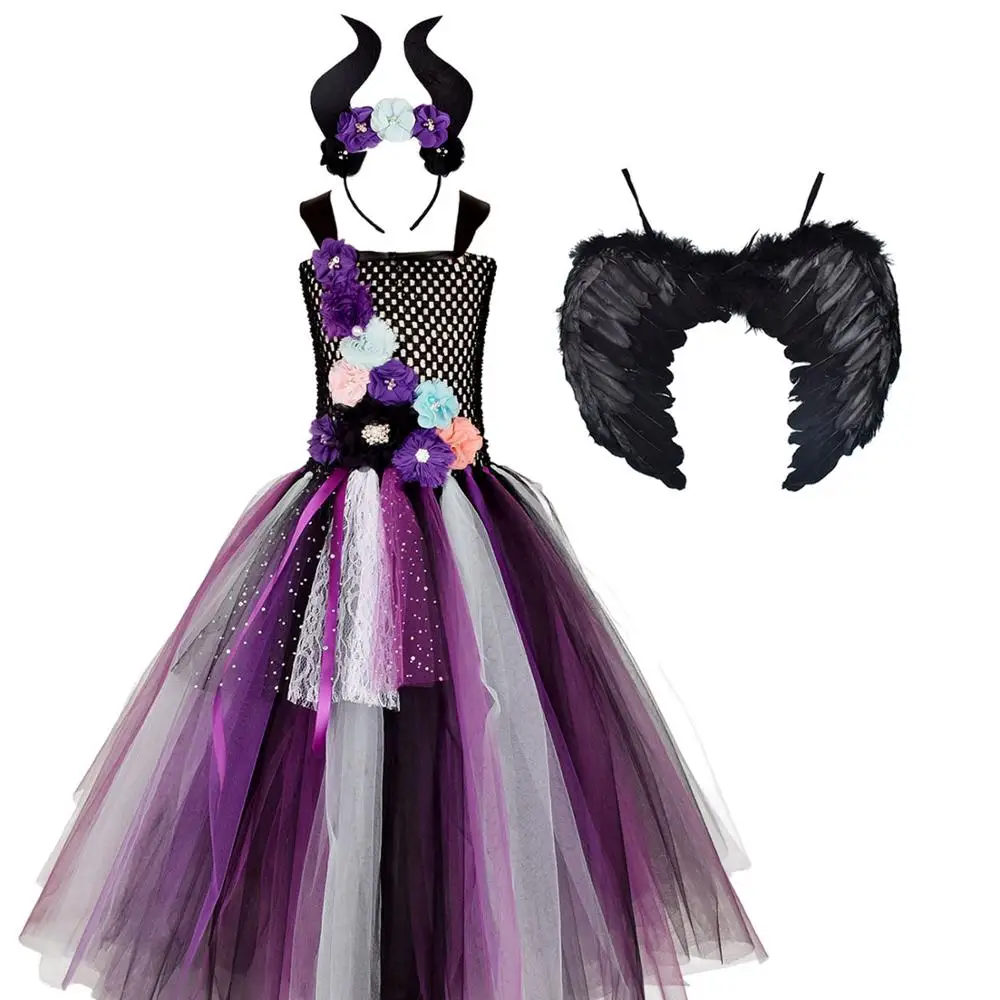 

Maleficent Evil Queen Girls Tutu Dress Horns Headband Halloween Cosplay Witch Costume for Girls Kids Party Flower Dresses 0-12Y