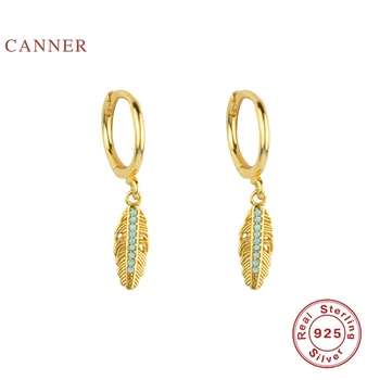 

CANNER Earrings For Women Real 925 Sterling Silver Simple And Delicate Turquoise Feather Shape Earrings Hoops Zircon Jewelry